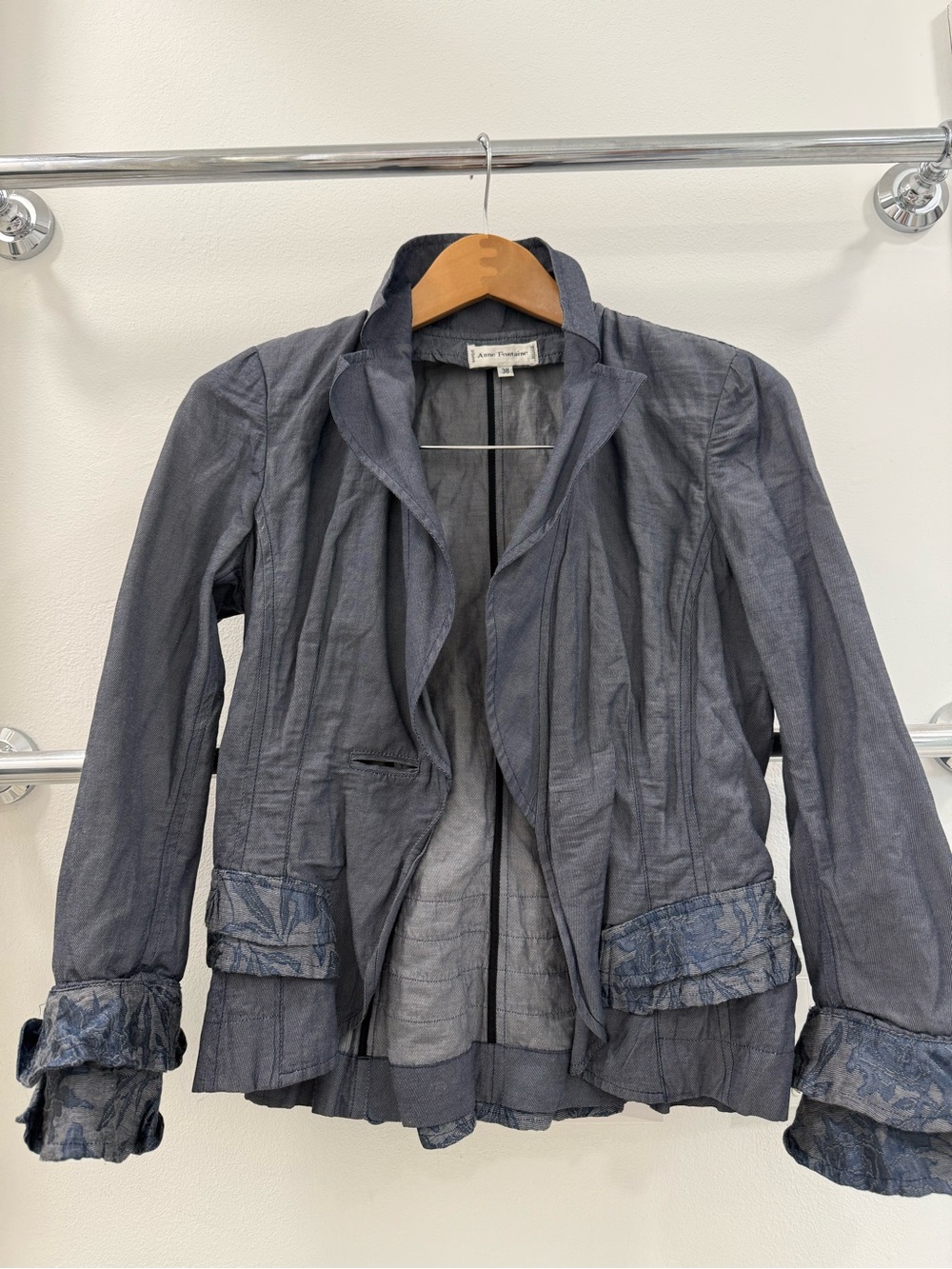 Anne Fontaine Slate Gray Ruffle-Cuff Blazer